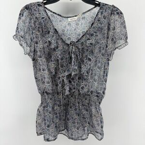 Sheer Floral‎ Ruffle Tie Neck Top Smocked Waist Sheer Blouse M Fairy Whimsigoth
